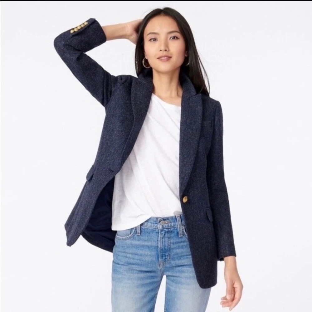 J.Crew Blazer Women Blue Herringbone British Moon Wool Gold Button Old Money  18